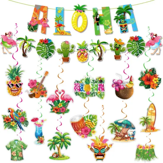 32pcs Hawaiian Aloha Party Decorations, Hawaiian Aloha Birthday Banner Hanging Swirls {1}