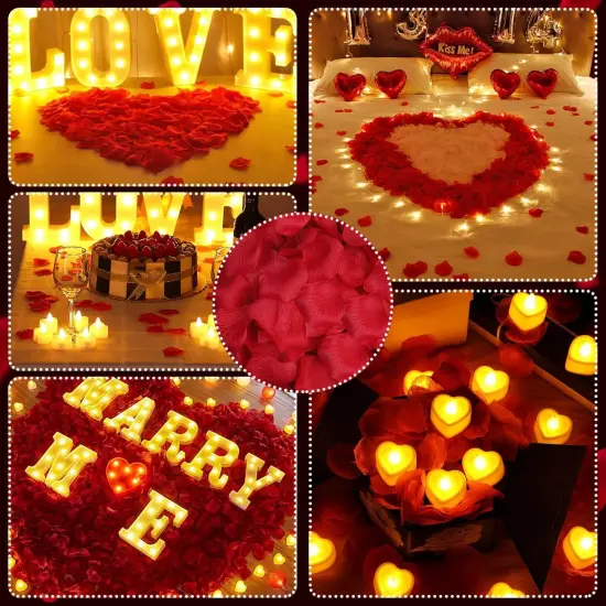 Rose Petals and Candles Set for Romantic Decoration, 3000 Pcs Red Rose Petals and 36 Pcs Heart Candle Lights for Special Night {4}