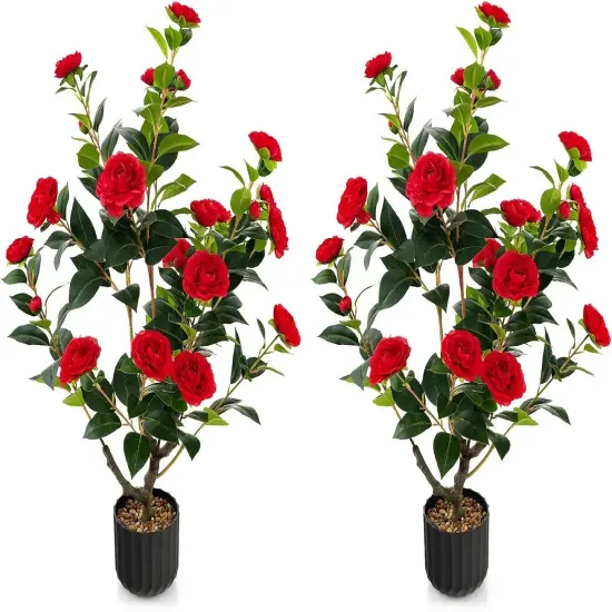 2pcs 38" Artificial Camellia Tree Flower Plant in Yellow Cement Red {1}