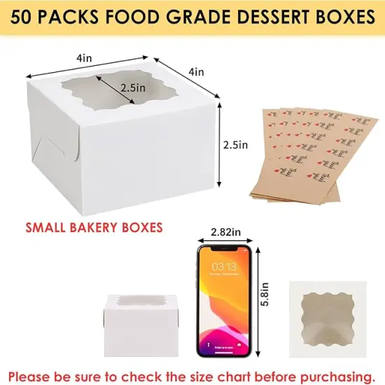 50pcs White Cookie Boxes with Window, 4x4x2.5 Inches Bakery Boxes with 5pcs Stickers for Small Cookies, Treats, Desserts, Chocolate Covered Strawberries, Mini Cake {3}