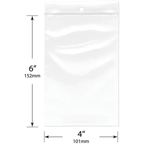 Plymor 4" x 6", 4 Mil with Hang-Hole Heavy Duty Zipper Reclosable Plastic Bags {3}