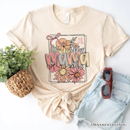 Floral Mama Coquette Bow Pastel T-Shirt, White and Natural Boho Tee With Spring Flower {6}