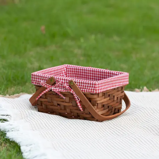 Small Rectangular Woodchip Picnic Baskets with Double Folding Handles, Natural Hand-Woven Basket Lined with Gingham Red and White Lining Great for Gifts {5}