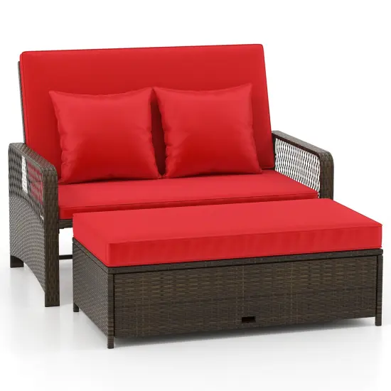 Patio Loveseat and Ottoman Set with 4-level Adjustable Backrest and Storage Area Red {8}