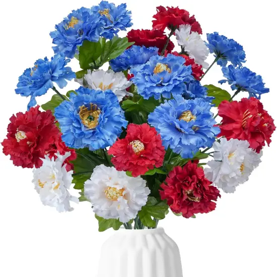 20 Stmes Memorial Day Flowers for Cemetery 13.77IN Outdoor Grave Decorations Artificial Patriotic Cemetery Flowers for Grave Red White Blue Dasiy Headstone Vase for Veterans {1}
