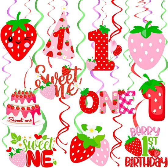 Berry First Birthday Hanging Swirls Strawberry Sweet One Party Decoration 20PCS Strawberry Hanging Streamer Strawberry 1st Birthday Party Decorations for Summer {1}