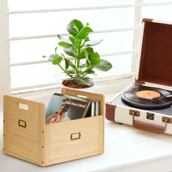 Wooden Vinyl Record Storage Box Storage Crate Box for LP Hold Up to 80 Records Natural {4}