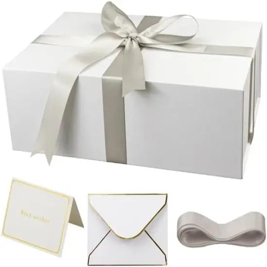 Large Gift Box with Lid,14"x9"x4.5" Magnetic Gift Box with Ribbon,Cards and Envelopes for Presents,Great for Wedding,Birthdays,Crafting,Gift Packaging (white) {1}