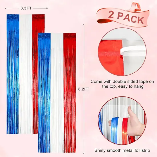 2 Pack Red White and Blue Foil Fringe Backdrop Curtains, Tinsel Streamers Party Decorations, Fringe Backdrop for Patriotic, Memorial Day, 4th of July, Independence Day {3}