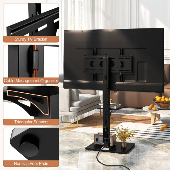 Black MDF Metal Adjustable Floor TV Stand with Power Ports and AV Shelf {5}