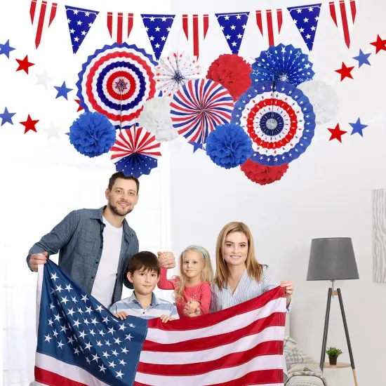 4th of July Patriotic Party Decorations Set, American Flag Hanging Paper Fans, PomPoms Flowers, Foil Fringe Curtain, Star Streamers, USA Pennant Bunting Independence Day Party Supplies {5}