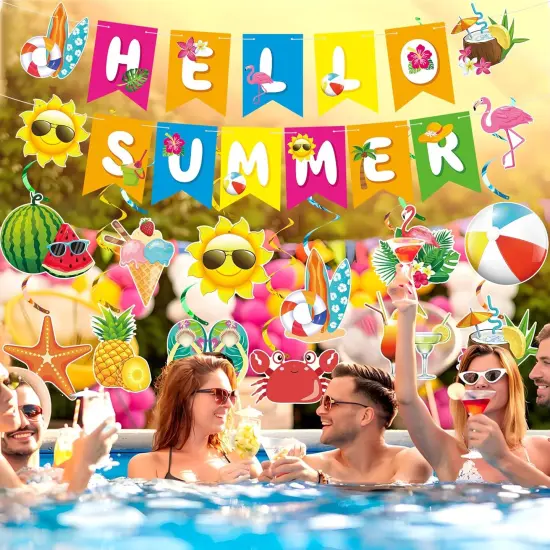 Summer Party Decorations Hello Summer Banner Hanging Swirls and Honeycomb Centerpieces Beach Pool Decorations for Pool Holiday Birthday Party Supplies {4}