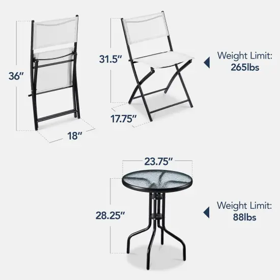 Best Choice Products 3-Piece Patio Bistro Dining Furniture Set w/ Round Textured Glass Tabletop, Folding Chairs White {2}