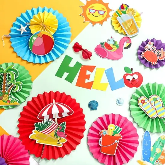 25 Pcs Summer Party Decorations Hello Summer Banner Pool Summer Beach Hanging Paper Fans Summer Beach Decor for Home Office School Classroom Beach Birthday Party Decorations {4}