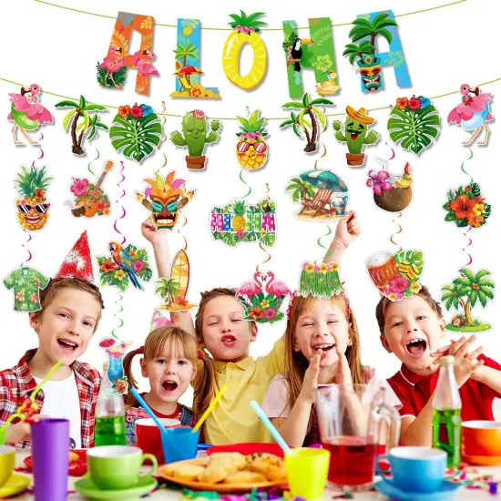 32 Pieces Hawaiian Luau Birthday Party Hanging Swirl Decorations, Flower Tropical Palm Flamingo Sign Foil Ceiling Decor for Floral Tropical Party Summer Beach Pool Tiki Supplies(Summer) {3}