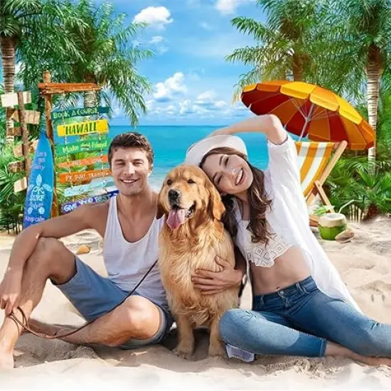 7x5FT Summer Hawaiian Beach Backdrop, Blue Sky Ocean Backdrops, Palm Tree Surfboard Street Sign and Beach Chair Photography Background, Hawaiian Luau Aloha Party Decorations Banner {2}