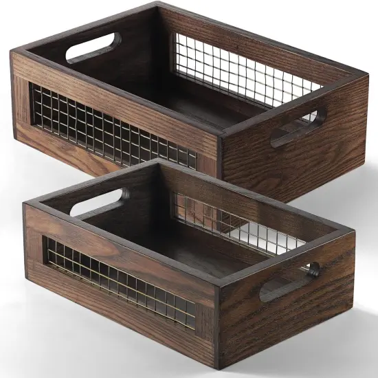 Wooden Countertop Baskets Set of 2 for Kitchen, Bathroom, Pantry|Wall Mount Upgrade with Full Accessories| Rustic Nesting Boxes|Wooden Organizer Crates for Fruit, Vegetables, Produce, Bread {1}