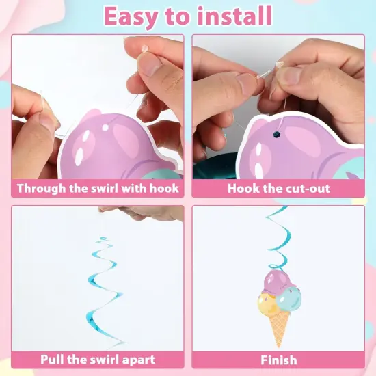 58Pcs Ice Cream Party Hanging Swirls Ice Cream Birthday Party Decoration Summer Creams Theme Ceiling Streamers Colorful Swirl Dessert Cone Streamers {3}