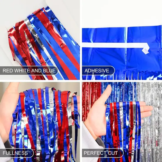 4th of July & Veterans Day Decorations, 2 Packs 3.3 x 6.6 ft Red White and Blue Foil Fringe Curtains, Tinsel Streamers for Patriotic Parties {3}