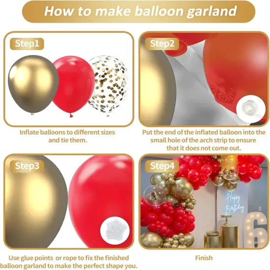 Red and Gold Balloon Garland Kit, 124Pcs Balloons Arch Kit, Bright Durable Latex Balloons {2}