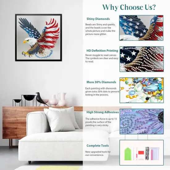 5D Special Shape Diamond Art Kits for Beginners, Eagle Diamond Painting Kits for Adults, Animal Crystal Rhinestones Diamond Painting for Home Wall Decoration Gift 12x12inch {3}