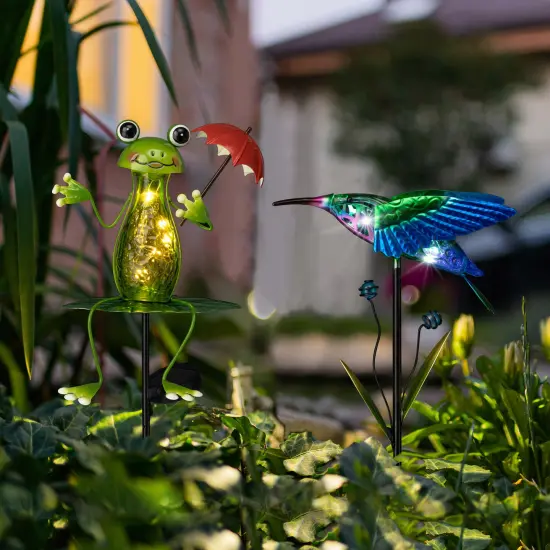 Set of 2 36"H/39"H Solar Hummingbird & Frog Yardstakes {2}