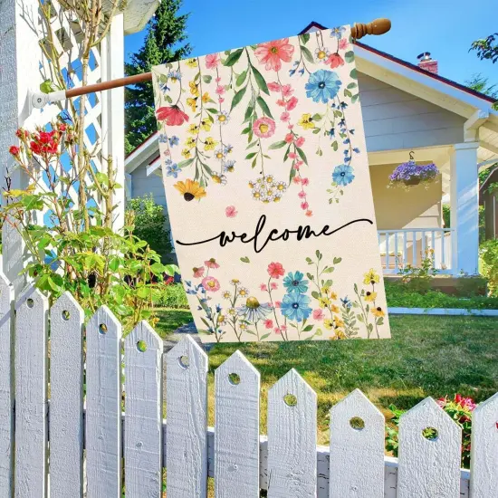 Summer Welcome Floral House Flag 28x40 Inch Double Sided Large Yard Flag Outside Outdoor Seasonal Burlap Flowers Flags Home Patio Decoration {3}
