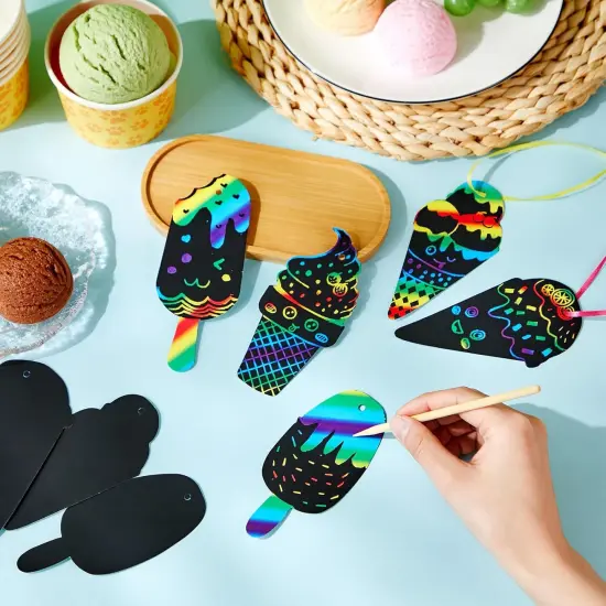 100 Pcs Ice Cream Scratch Cards Rainbow Color Scratch Ornaments Summer Scratch Paper Crafts Kits {2}