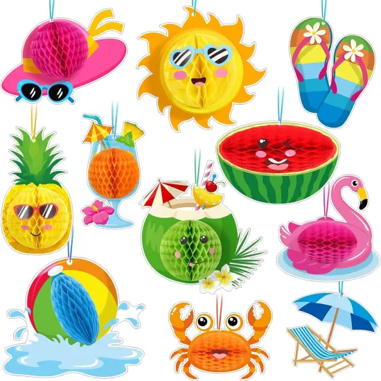 11 Pcs Summer Beach Party Hanging Decorations School's Out for Summer Ceiling Hanging Decor with 3D Honeycomb Ball End of School Year Pool Party Ornaments for Luau Hawaii Grad Beach Vacation {1}