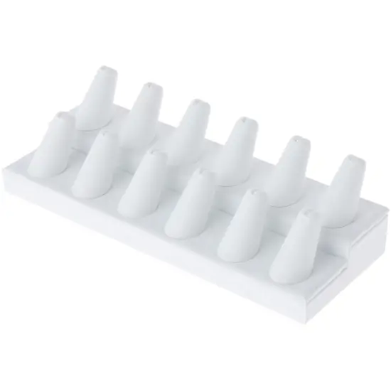 Plymor White Faux Leather 2-Tier Ring Finger Display, Twelve on Rectangular Base, 8.125" W x 3.25" D x 2.5" H {1}