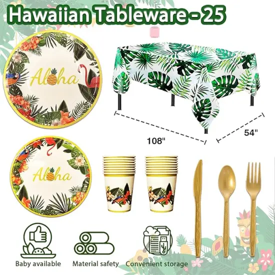 Hawaiian Party Decorations Kit For Adults - "ALOHA"&"HAPPY BIRTHDAY" Banner, Balloons, Cake Topper, Straws, Table Skirt, Dinnerware Set For 25 Guests {3}