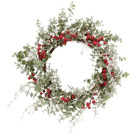 16" Faux Eucalyptus Wreath with Red Berries for Holiday Door Decor {1}