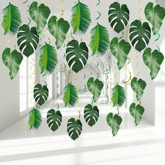 51 Pcs Hawaiian Luau Party Palm Leaves Swirl Decorations Green Palm Leaves Hanging Decoration Ceiling Tropical Safari Jungle Party Decor for Summer Beach Baby Shower Birthday Supplies {1}