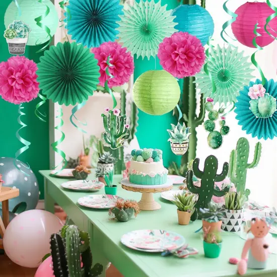 Summer Party Decoration Hanging Cactus Swirls Paper Lanterns Paper Fans kit for Hawaiian Luau Party Tropical Party Baby Shower Birthday Party Supplies {3}