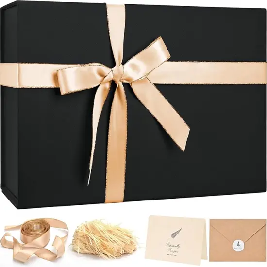 Large Gift Box 14"x8.5"x4.5" Birthday Gift Boxes for Presents for Anniversary Wedding Birthday,Black Gift boxes with Ribbon,Shredded Filler,Card {1}