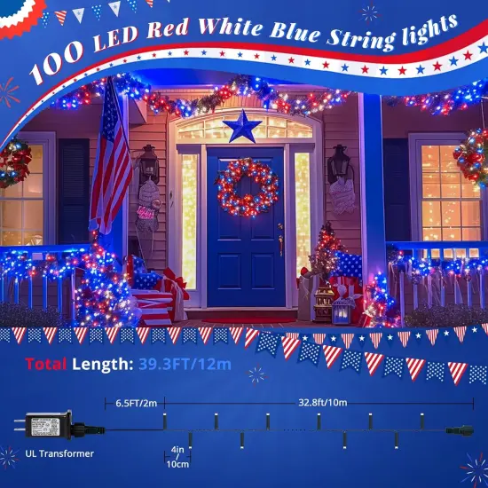 MYGOTO Red White and Blue String Lights,33FT 100LED 4th of July Patriotic Fairy Lights Outdoor Waterproof,8 Modes Memory UL Plug Independence Day Light for Home Party Holiday Tree Xmas Decoration {4}