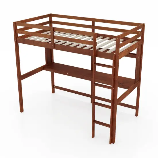 3-in-1 Twin Size Space-saving Loft Platform Bed Frame with 13 Wooden Slat and Safety Guardrails White {8}