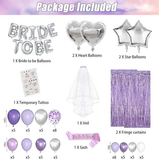 Lavender Bachelorette Party Decorations Set- Purple Bridal Shower Decorations Engagement Wedding Party Decor with Bride To Be Sash, Veil, Temporary Tattoos, Confetti Balloons Pack and Fringe Curtain {3}