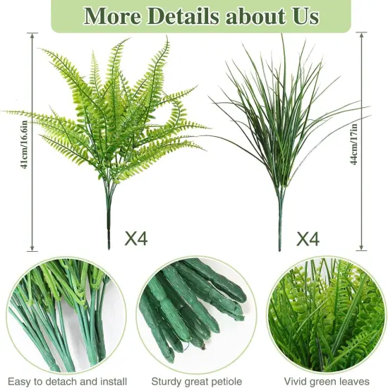8 Bundles Artificial Plants Boston Fern Wheat Grass Shrubs Outdoor Faux Plants Faux Fern Stems UV Resistant Artificial Outdoor Plants Greenery for Home Gardens Patio Yards Decor {4}