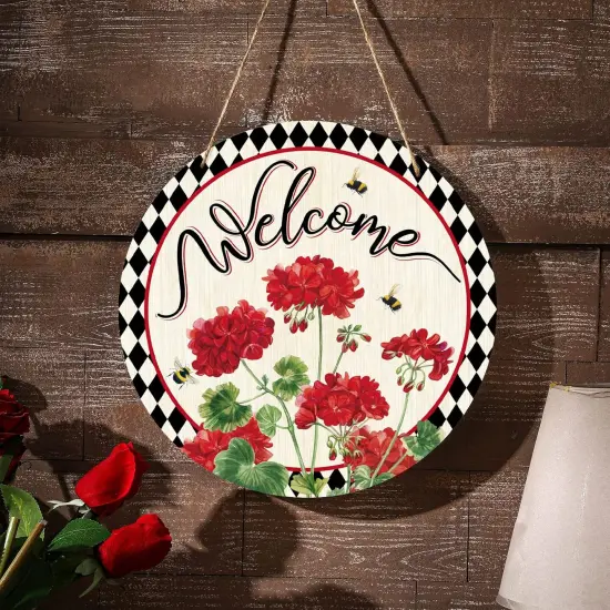 Welcome Sign Wreaths for Front Door Wooden Summer Buffalo Plaid Door Hanger for Outdoor Indoor Outside Porch Farmhouse Home Window Wall Hanging Decoration, 11.81 Inch(Geranium Flower) {5}