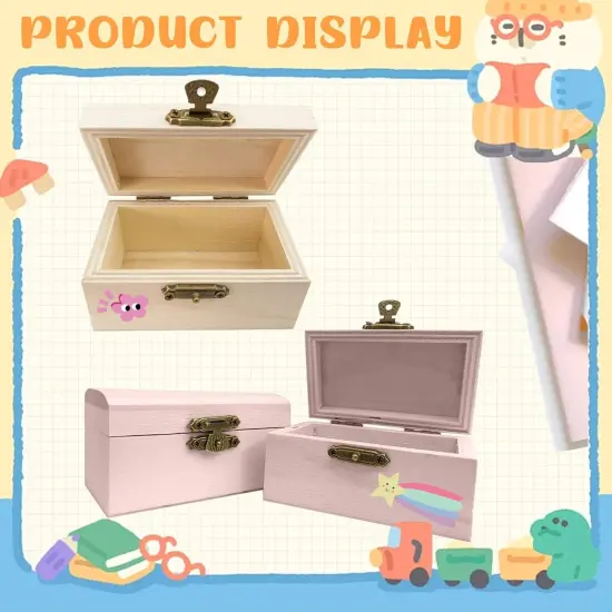 12 Piece Small Wooden Boxes with Hinged Lids Unfinished Wood Chest Decorate Mini Treasure Boxes {3}