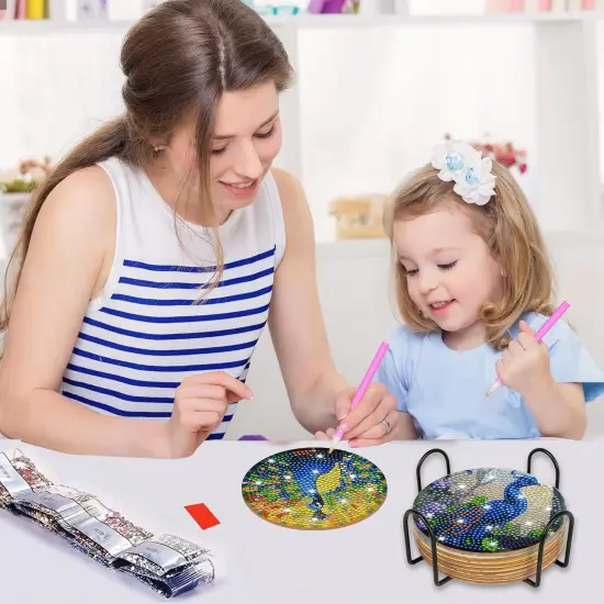 Peacock Diamond Art Coasters Kit: 8pcs Diamond Painting Coasters with Holder & Cork Pads, DIY Craft Set for Adults & Beginners, Wooden Coaster, Gifts for Home Decor {3}