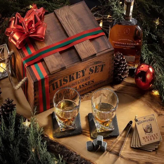 Whiskey Gift Set, Whiskey Glass Set with Rustic Wooden Crate, 8 Granite Whiskey Rocks Chilling Stones, 10oz Whiskey Glasses, Gift for Men, Dad, Husband, Boyfriend - Jameson Brown {5}