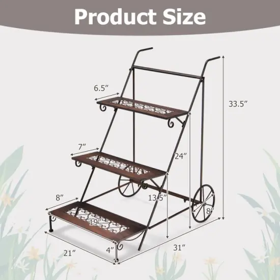 3-Tier Metal Rolling Plant Cart with Handle {6}