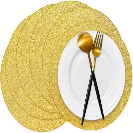 50 Pieces Gold Glitter Paper Place Mats Sparkle Round Disposable Table Mats Golden Sequin Doilies Decorative Placemats for Wedding Banquet Party Home Dining Tableware {1}