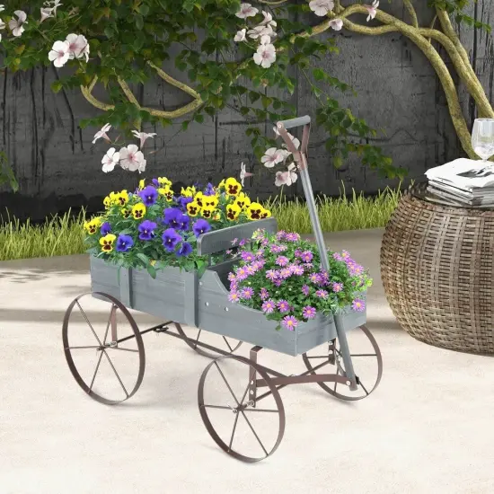 Wooden Garden Wagon Planter with Handle & Wheels Grey {6}