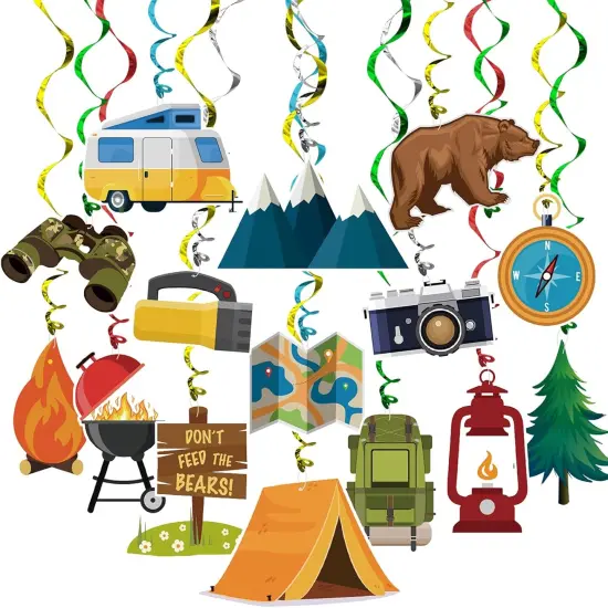 Camping Hanging Swirl Party Decorations 30 Pack Foil Ceiling Hanging Streams Party Supplies Banner Decor for Kids Camping Adventure Bear Birthday Celebrating Party Events Baby Shower Room Wall Decor {1}