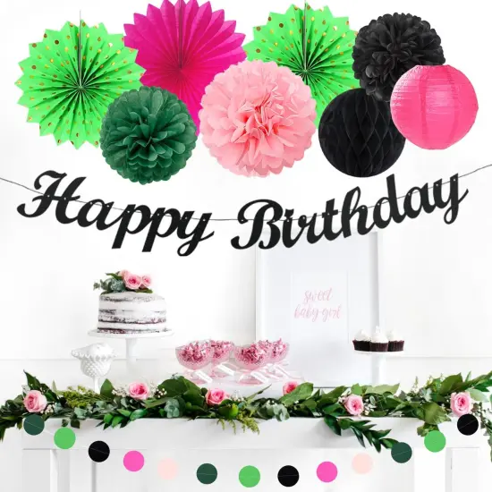 Green Hot-Pink Black Summer-Hawaiian Birthday Decorations - 21pcs Girls Woman Happy Party Banner Garland,Tropical Beach Pool Paper Streamers Lanterns,Flower Tissue Pom Poms Fan Supplies Decor Huglony {1}