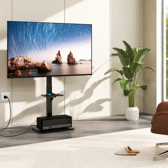 Black MDF Metal Adjustable Floor TV Stand with Power Ports and AV Shelf {2}