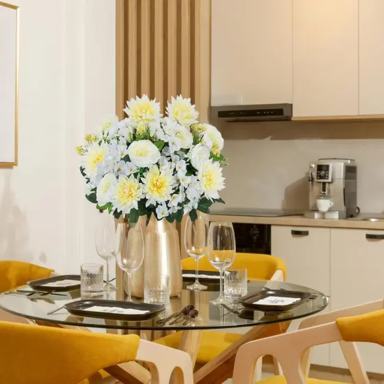 Summer Silk Hydrangea Artificial Flowers &ndash; 2 Bundles of White Faux Peonies & Daisy Flowers, Fake Outdoor Grave Flowers for Garden Decor, Wedding Centerpieces, Tabletop Decor, Home Vase Arrangements, Cemetery Decor {5}